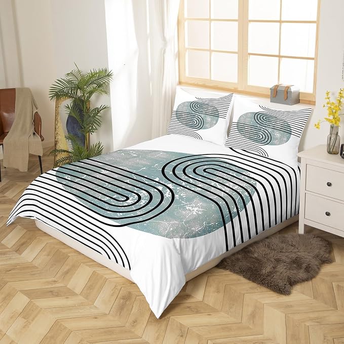 Erosebridal Mid Century Comforter Cover Modern Minimalism Bed Set, Navy Blue Grunge Duvet Cover Twin Size Black Stripe Bedding Sets, Aesthetic Abstract Bedspread Cover 2pcs with 1 Pillow Case