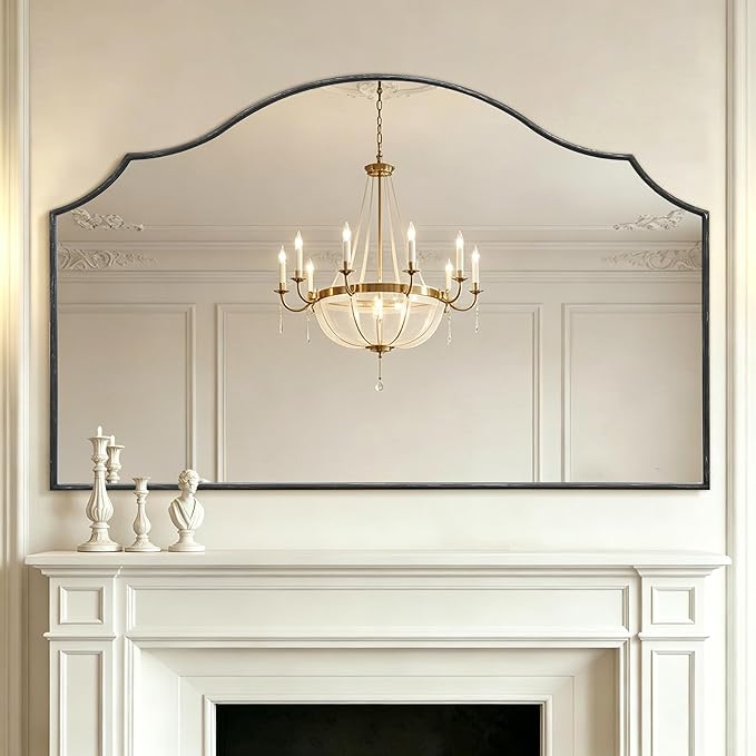 Besdomus Oversized Scalloped Black Mirror: 54"x34" Modern Minimalist Wood Frame Wall Mirror - Classical Fireplace Arched Mirrors for Bathroom/Dresser/Entryway/Living Room - Home Decor for Women