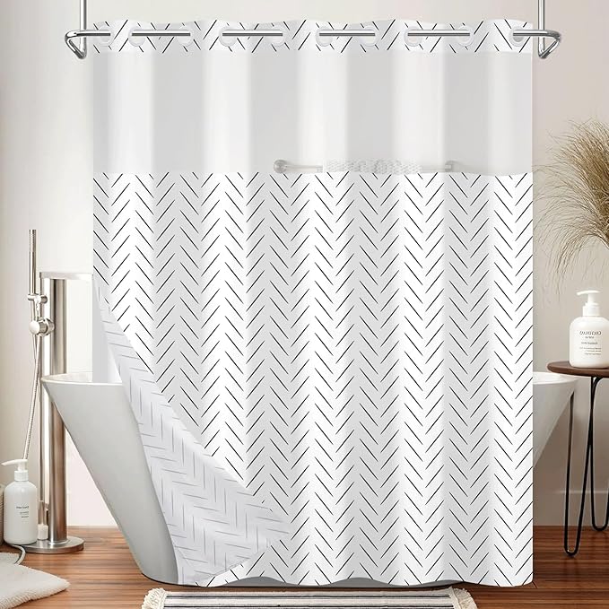 No Hook Shower Curtain and Liner Set, Black and White Herringbone Print Double Layer Waterproof Fabric Bath Tub Curtain for Modern Minimalist Bathroom Decor, See Through Top, 71x74 Inch