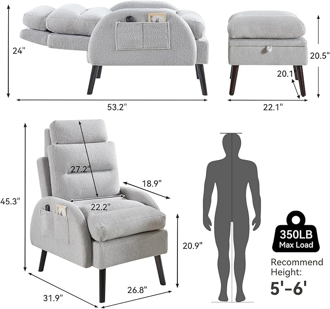 HCHAIRH Accent Chair with Ottoman Set, Comfy Teddy Reading Chair and Ottoman, Modern Oversized Lounge Armchair with Adjustable Backrest for Living Room Bedroom, Light Grey