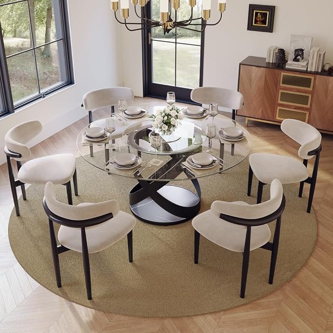 POVISON 59" Modern Round Dining Table with Lazy Susan, Glass Round Kitchen Table for 6, Glass Dining Room Table Top with Black X Carbon Steel Base for Dining Room (Dining Table Only)