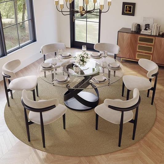 POVISON 59" Modern Round Dining Table with Lazy Susan, Glass Round Kitchen Table for 6, Glass Dining Room Table Top with Black X Carbon Steel Base for Dining Room (Dining Table Only)