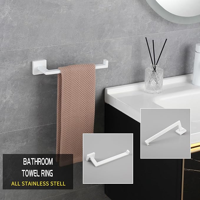 GERZWY Bathroom 3-Pieces Hardware Sets Stainless Steel - Toilet Paper Holder Towel Ring Coat Hook, White