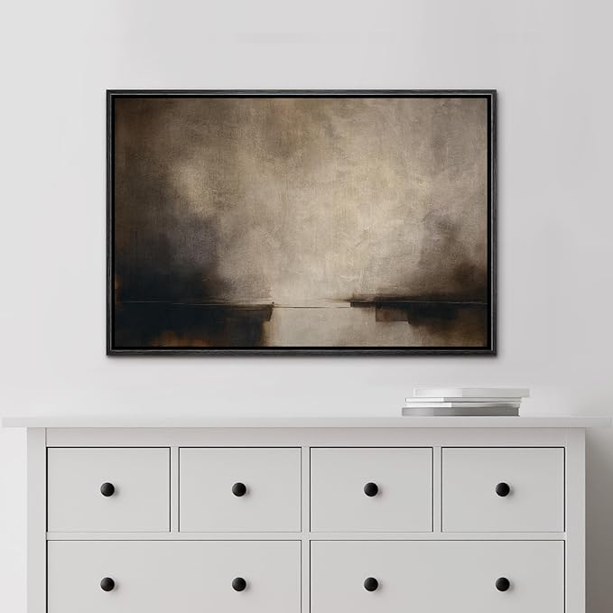 MUDECOR Framed Canvas Print Wall Art Misty Horizon Neutral Abstract Minimalist Atmospheric Illustrations Fine Art Decorative Zen Multicolor Country/Farmhouse Retro for Bedroom - 16"x24" BLACK