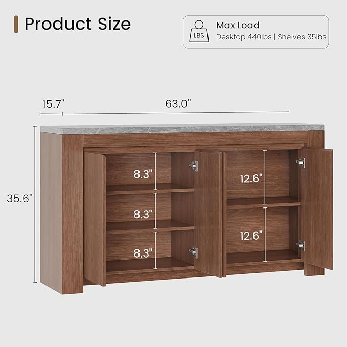 Buffet Cabinet with Storage, 63" Sideboard Buffet Accent Cabinet with Faux Marble Top & 4 Doors, Modern Buffet Table Credenza Cabinets for Living Room, Dining Room, Kitchen（Walnut）