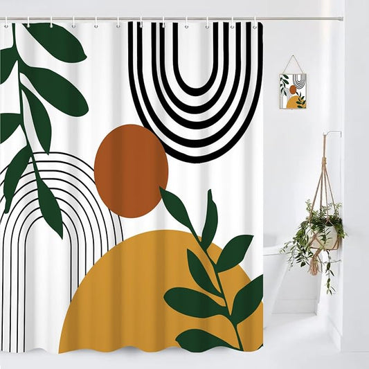 Boho Geometric Shower Curtain White Beige Mid Century Abstract Arch Curve Bathroom Curtain Minimalistic Sun Shower Curtain Sets for Bathroom Extra Long 72x96 in with 12 Hooks