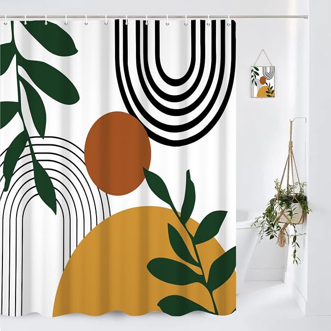 Boho Geometric Shower Curtain White Beige Mid Century Abstract Arch Curve Bathroom Curtain Minimalistic Sun Shower Curtain Sets for Bathroom Extra Long 60x72 in with 10 Hooks