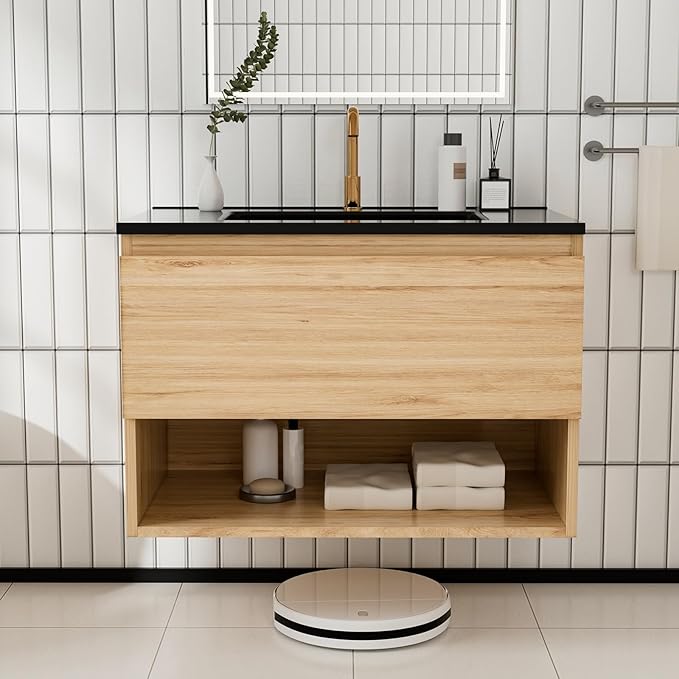 30 inch 3D Carved Bathroom Vanity with Open Compartment, Floating Cabinet with Hidden Soft-Close Slide Rails,with Ceramic Basin,Single Shelve,Mid Century Modern (Yellow Oak/Black Sink)