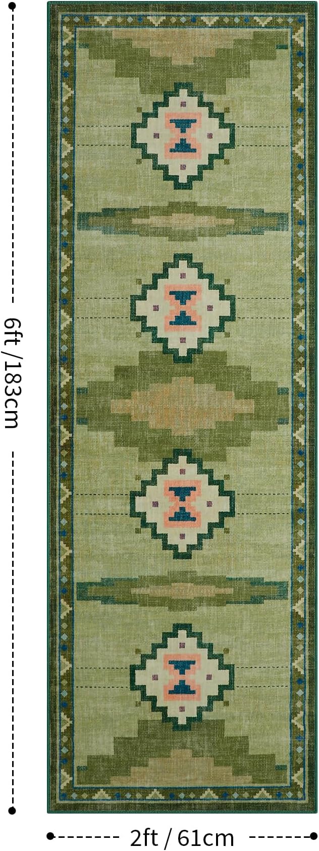Green Hallway Runner Rug 2x6 Non-Slip, Washable Mid Century Modern Entryway Rug, Low Pile Runner Rug for Kitchen, Bedroom, Laundry Room