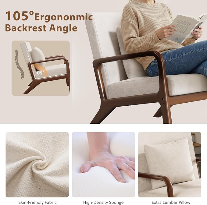 Mid Century Accent Chair with Solid Wood Frame Set of 2, Upholstered Lumbar Pillow Lounge Chair Beige Linen Fabric Cozy Leisure Chair Relaxing Walnut Living Room Chair for Bedroom Waiting Room