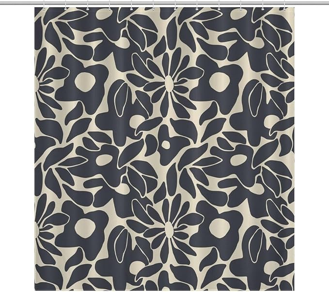 Mid Century Abstract Flower Shower Curtain Vintage Boho Black Floral Art 70s Pattern Washable Waterproof Fabric for Bathroom Decor Bathtub with 12 Hooks 66x72in（168x183cm）