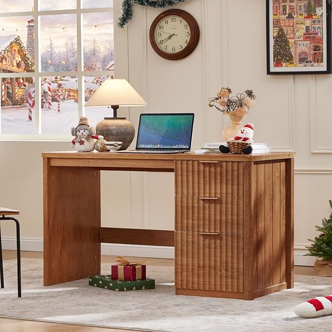 LEYAOYAO Office Desk 48" with 3 Drawers Storage File Cabinet Wood Fluted Desk for Computer Office Bedroom Home Furniture Tea Brown