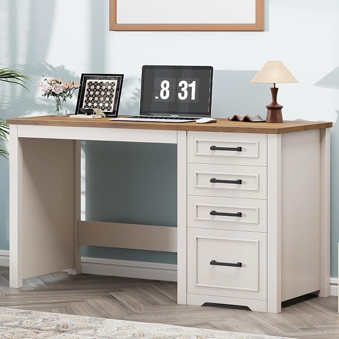 Vabches Farmhouse 49” Executive Desk with File Drawer, 4 Drawers Reversible Computer Desk with Storage, Rustic Home Writing Workstation for Home Office.White Brown