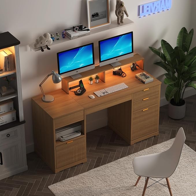 Fluted Desk with Drawers Filing Cabinet, 63" Home Office Executive Desk with Lift Top, Gaming Desk, Charging Station, Sensor Lights, Wood Computer Table with Monitor Stand, Natural Wood