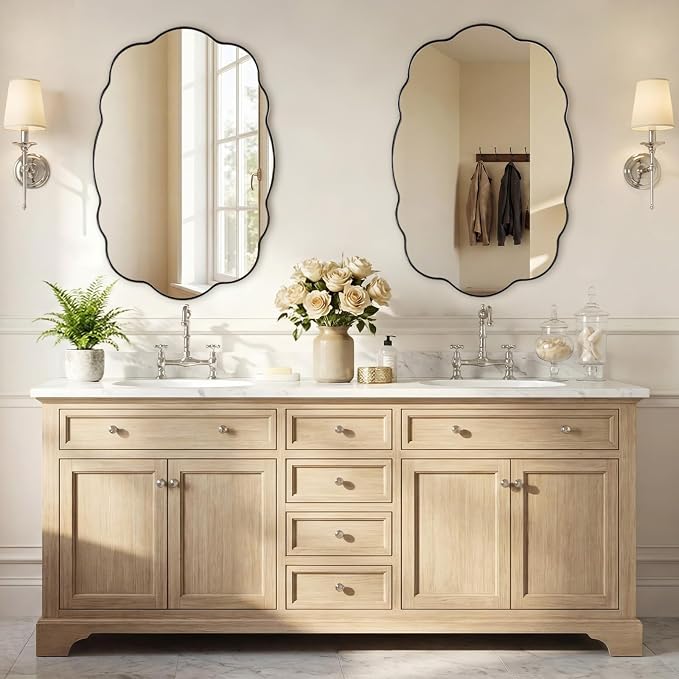 ANDY STAR Chrome Wavy Oval Bathroom Mirror - 26x38 Inch Polished Scalloped Bathroom Mirror, Unique Irregular Design with Heavy Duty SUS Metal Frame