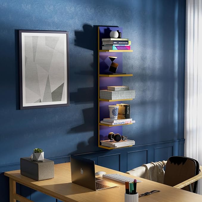 Homaterial 5 Tier Wall Shelf Unit, Modern Vertical Lack Wall Shelves with Light, Wall Mount, Floating Column Home Decor Shelves for Bedroom, Living Room, Vanity Storage Display(Blue)
