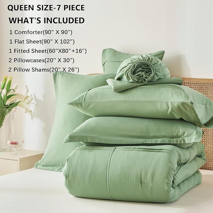 Yogeneg Queen Comforter Set 7 Piece Bed in a Bag,Grid Pinch Pleat Sage Green Bedding Set,Striped Textured Soft Microfiber Comforter with Sheet Set,All Season Complete Bed Set(Sage Green,Queen)