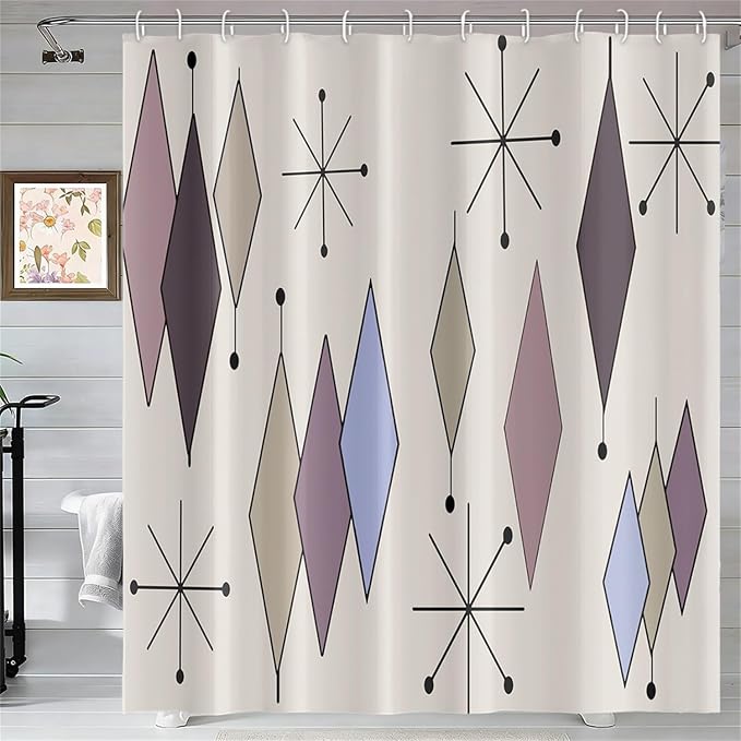 Mid Century Shower Curtain Abstract Purple Diamond Geometric Atomic Starburst Pattern Beige Backdrop for 1950s Retro Bathroom Decor Accessories Shower Curtain Set with 12 Hooks, 72x72 Inches