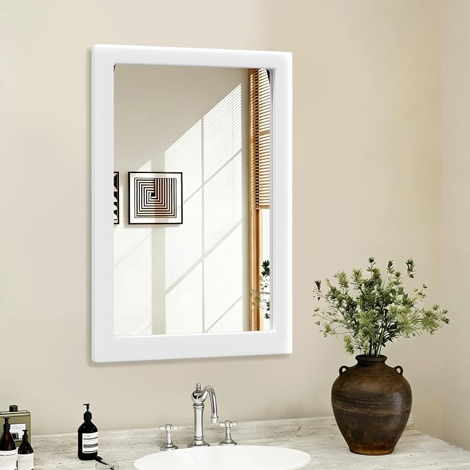 36''x24'' Rustic Wall Mirror for Bathroom White Wood Frame, Classic Rectangle Mirror Farmhouse Vanity Wall Mirror Decor Living Room, Bedroom, Entryway (White, 36''x24'')