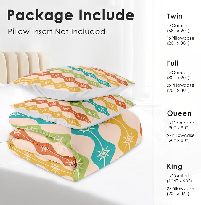 Pamnest Comforter Set Queen Size, Mid Century Atomic Colorful Soft Bedding for Kids and Adults, Green Teal Orange Comforter Set with 2 Pillowcases for Bedroom Bed Decor
