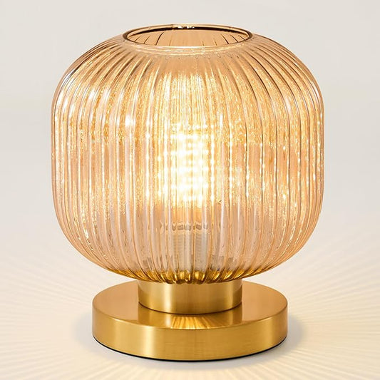 Small Amber Glass Table Lamp: Mid Century Modern Dimmable Nightstand Lamps - Vintage Decor Brass Desk Lamp With Plug - Ribbed Glass Bedside Tables Lamps for Bedroom Living Room Office Bulb Excluded