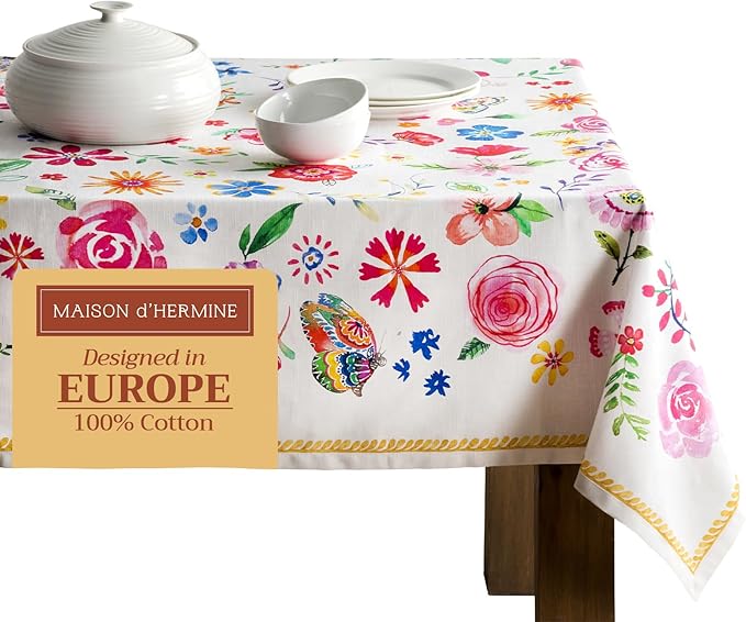 Maison d' Hermine Table Cloth Rectangle Table 100% Cotton 60 x 108 Inches Tablecloth Reusable Decorative for Dining Room Farmhouse Home Valentines Day Decorations Spring Summer- Happy Florals - Sweety