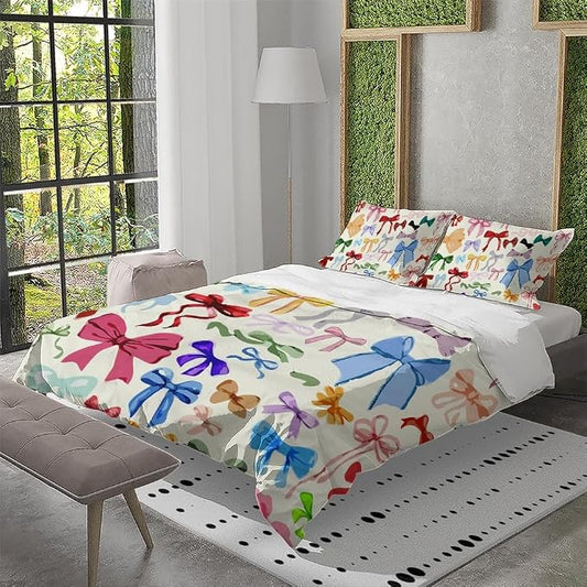 Colorful Bow Duvet Cover Twin Size Watercolor Bows Printed Coquette Bedding Set 3Pcs Kids Girls Cute Comforter Cover with Zipper Closure Soft Breathable Microfiber King Size 104"x88"