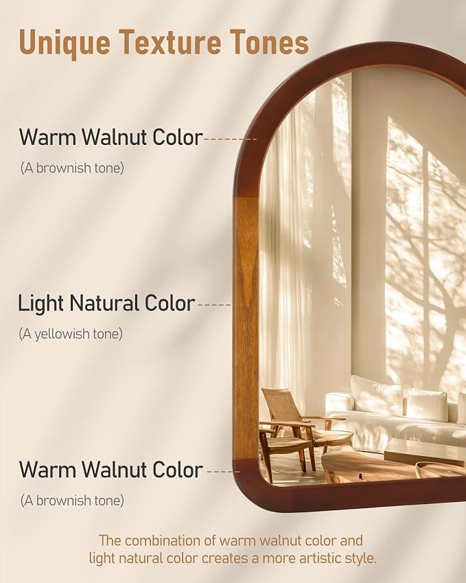 Arch Large Mirror 30 x 40 Inch,Brown Wood Rustic Bathroom Tempered Wall Mirror with Wood Frame,Round Corner Arch Farmhouse Wooden Vanity Mirror for Living Room,Entryway or Bedroom