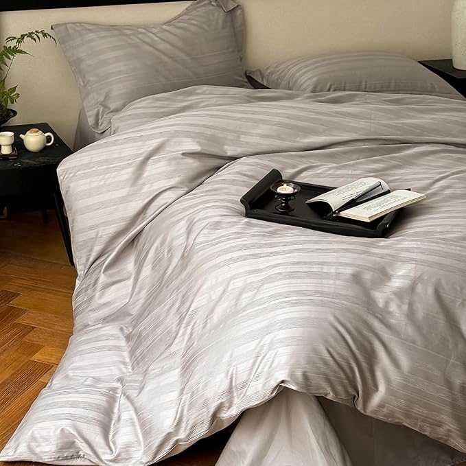 100% Cotton Duvet Cover Queen Size, Soft Grey Striped Duvet Cover Set for All Season, Luxury Hotel-Style - 1 Duvet Cover 90x90 Inches with Zipper Closure, 2 Pillowcases
