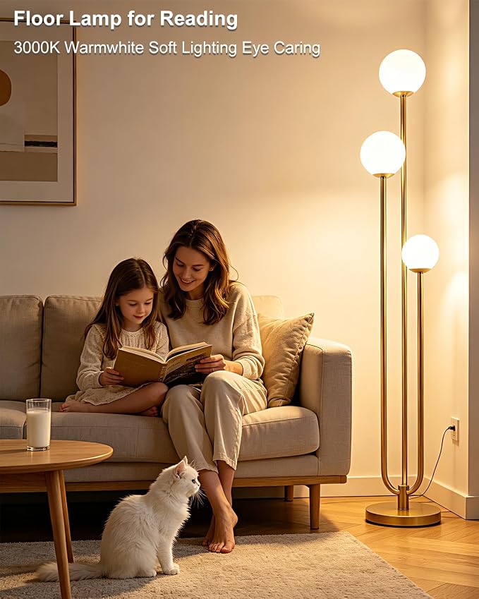 Lightdot 63IN Gold Floor Lamp Dimmable 3-Lights Globe LED Floor Lamps with 3000K Soft Warm White for Wedding/Party Tall Lamp with 5Lbs Heavy Base for Living Room/Bedroom/Sofa Beside/Corner Decor