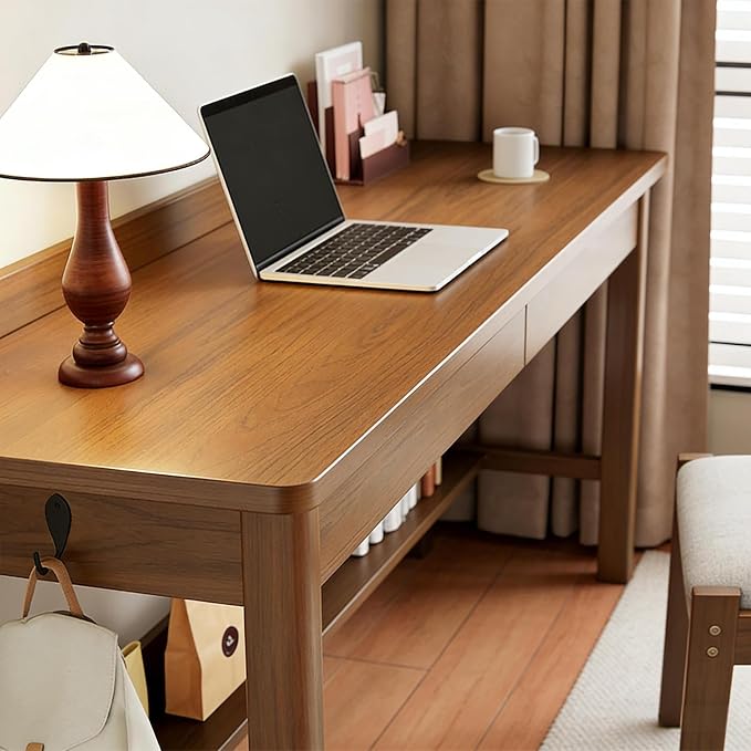 Solid Wood Desk with 2 Drawers, Vintage Narrow Computer Desk with Storage Shelf, Mid Century Modern Desk, Small Writing Desk for Bedroom(47.2" W, Walnut)