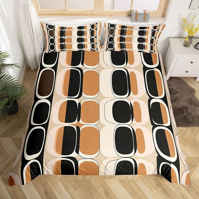 Erosebridal Brown Black Geometric Comforter Cover Queen Mid Century Bedding Set Modern Abstract Duvet Cover for Kids Teen Adults,Boho Circle Round Design Bed Set