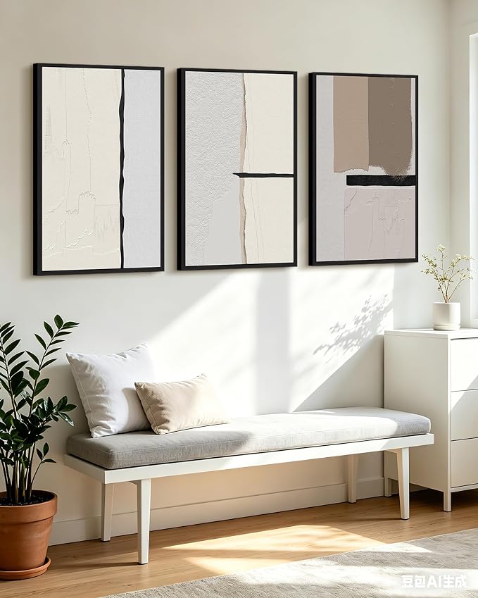 KUVIOKE Neutral Abstract Framed Wall Art Beige Mid Century Textured Wall Decor Minimalist Modern Illustrations Art Print Home Decor 24x36in (Black Framed)