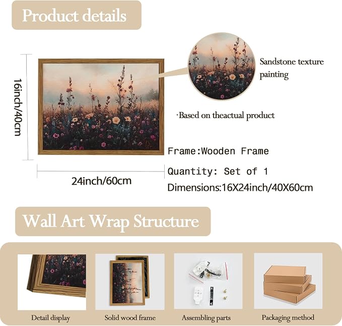 Vintage Flower Wall Art, Dark Floral Wall Decor Painting, Framed 3D Textured Hand Drawn Sandstone Farmhouse Landscape Pictures Artwork for Living Room Bedroom 16x24 inch Wood Frame
