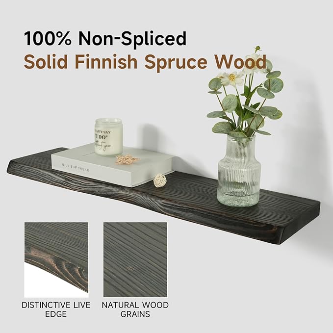 24 Inch Wooden Floating Shelves for Wall Set of 2, Finnish Spruce Solid Wood Shelf, Natural Wood Floating Shelves for Living Room, Bathroom, Bedroom, Kitchen, Country Brown Finish