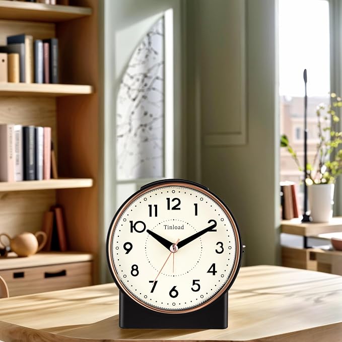 Tinload 4.3" Retro Analog Alarm Clock, Vintage Decor, No Ticking Silent, Easy to Set, Gradual Rise Alarm, On/Off Switch on Side, Gentle Wake, Snooze, Lighted on Demand, Battery Operated, Retro Black