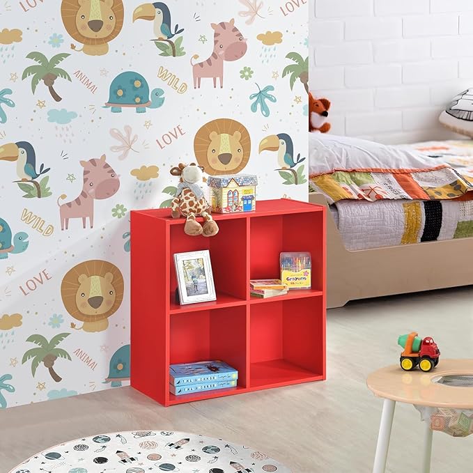 Kings Brand Furniture George 4-Cube Storage Organizer, 2-Tier Bookcase with Wood Shelves for Living Room, Bedroom, Nursery, or Home Office (Red, 2-Pack)
