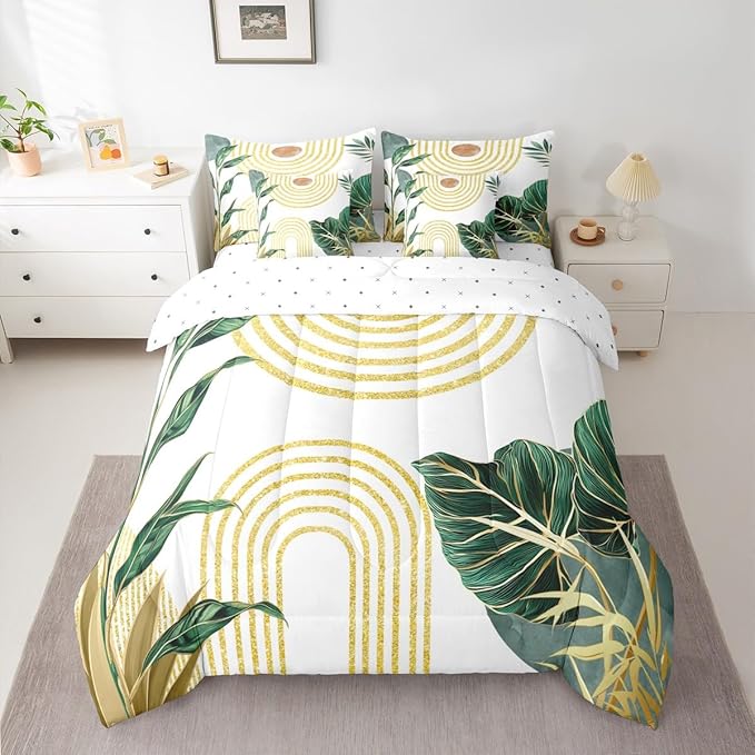 Erosebridal Modern Boho Green Bedding Set King Minimalist Mid Century Comforter Set 7 Piece Simple Aesthetic Art Bed in A Bag for Adults Minimalism Plant Quilt with Flat Fitted Sheet