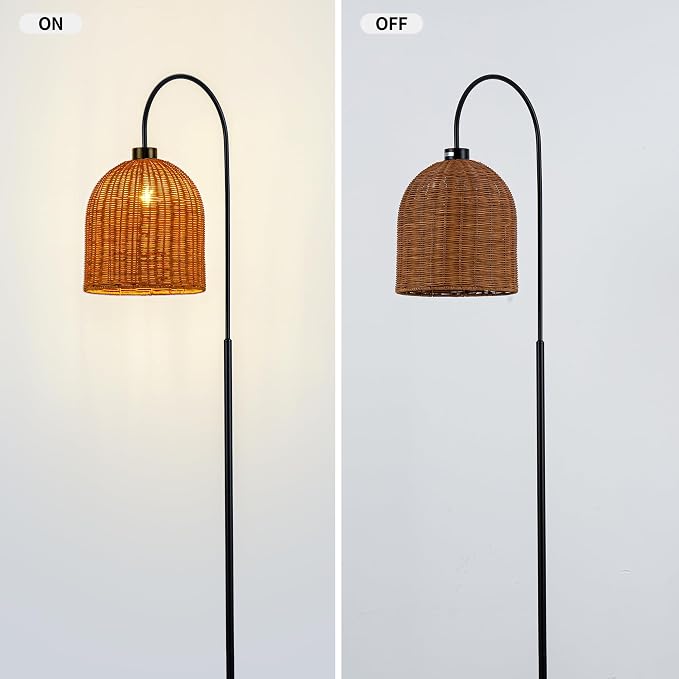 MAYNA 66" Arc Rattan Floor Lamp, Black Boho Standing Lamp with Hand-Woven Wicker Shade, Tall Curved Overarching Reading Light with Foot Switch for Living Room, Bedroom, Coastal Rustic Decor