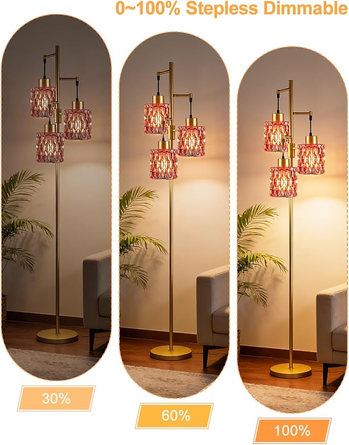 3-Light Modern Glass Floor Lamp, Gold Standing Tall Lamp with Deep Red Cylinder Glass Shade for Reading, Dimmable LED Floor Lamp with 5Lbs Heavy Base for Living Room Bedroom Home Decor, Bulb Included
