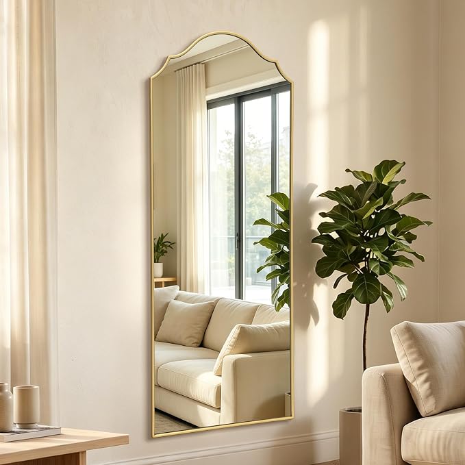 Besdomus Scalloped Full Length Mirror: 21"x56" Gold Arched Floor Mirror - Minimalist Modern Wooden Frame Body Long for Wall/Bedroom/Cloakroom/Entryway/Living Room - Home Decor for Housewife