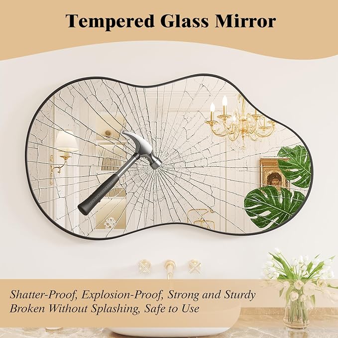 WEER Irregular Wall Mirror, 24x36 inch Black Asymmetrical Wall Mounted Mirrors Decorative, Abstract Wavy Aluminum Alloy Frame for Bathroom, Bedroom, Living Room, Entryway