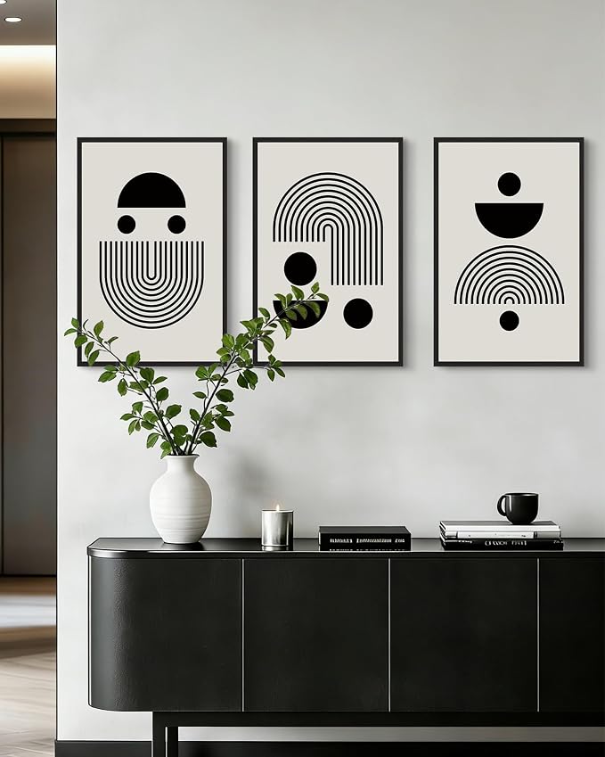 Drsoum Large 16x24in Black Abstract Framed Wall Art Decor Solid and Spiral Semi-Circles Geometric Shapes Drawings Modern Art Decorative Ready To Hang - Black Framed