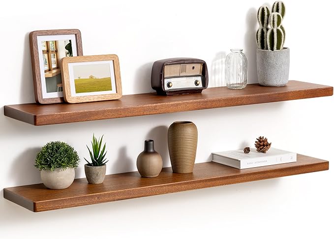 Fun Memories 40 Inch Floating Shelves, Rustic Solid Wood Wall Shelves Set of 2, 8 Inch Deep Floating Shelf for Bathroom, Bedroom, Heavy-Duty Wooden Shelf Wall-Mounted for Home Decor & Storage
