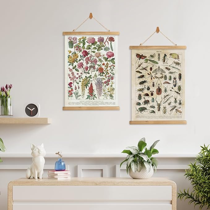 XIAOAIKA 2 Pack Vintage Posters: Botanical Garden Flowers & Insect Species - Illustrated Educational Charts with Wooden Frames for Nature Lovers, Home Decor Aesthetic, and Classrooms 16 x 23 Inches