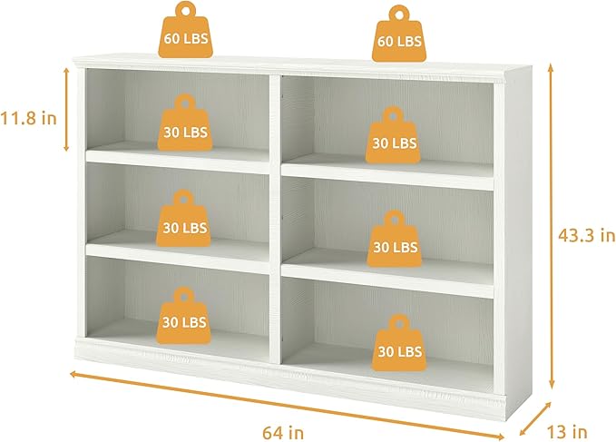 Bevfint Double Wide Open Shelf Bookcase - 3 Tiers 6 Storage Cube Adjustable Space Book Case, Display Cabinet Organizer with Bookshelf, 64.8 inch Width Indoor Furniture for Home Library Office, White
