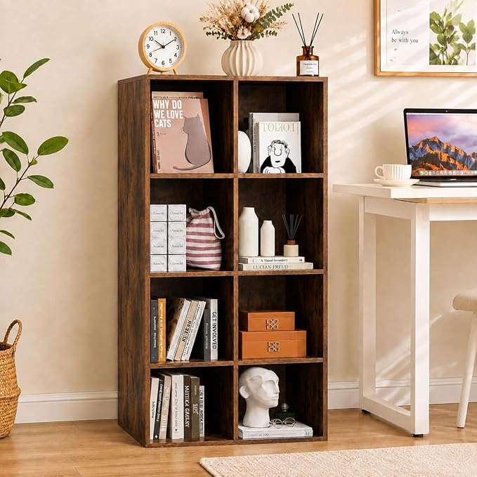 POWERSTONE 8 Cube Storage Organizer, Open Cube Bookshelf with Back Panels, Modern Display Cubby Bookcase for Bedroom Living Room Home Office, Rustic Brown
