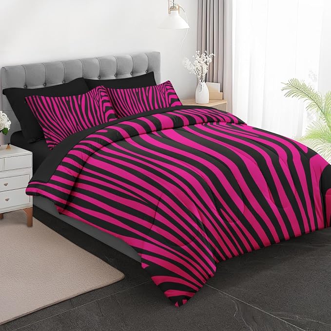 5Pcs Comforter Set Twin Size, Hot Pink Zebra Print Line Abstract, Bedding Decor Wildlife Black Striped Animal Jungle Bedroom Bed Set Flat Sheet Fitted Sheet Pillowcases Shams for Kids Adults