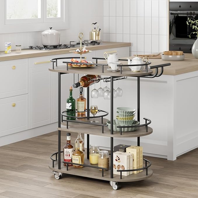 Takywep Bar Cart with Wine Rack and Glass Holder, 4-Tier Modern Serving Cart on Wheels, Mobile Liquor Cabinet & Coffee Station for Home Kitchen, Dining Room, Marble Wood/Gold