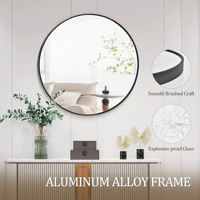 HARRITPURE Round Mirror 23.6" Black Wall Mounted Circle Mirror with Aluminum Alloy Frame Modern Design for Bathroom, Living Room, Vanity, Bedroom, Entryway